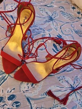 Qupid Red Lace-Up Heeled Sandals